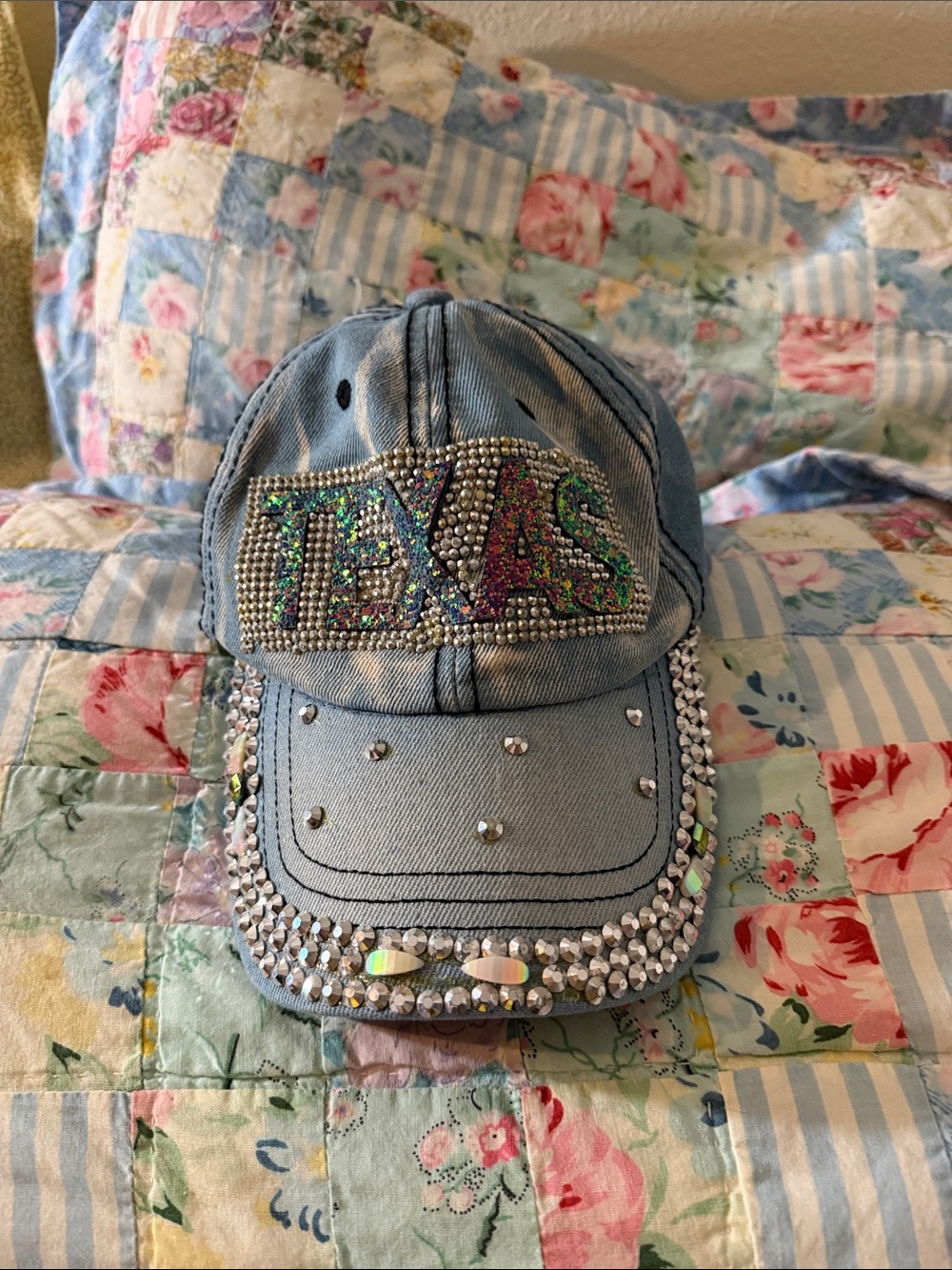 SHEIN Denim Baseball Cap with Iridescent 'Texas' Rhinestone Accent